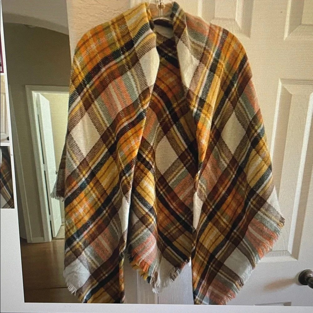 Plaid shawl wrap with fringe OS